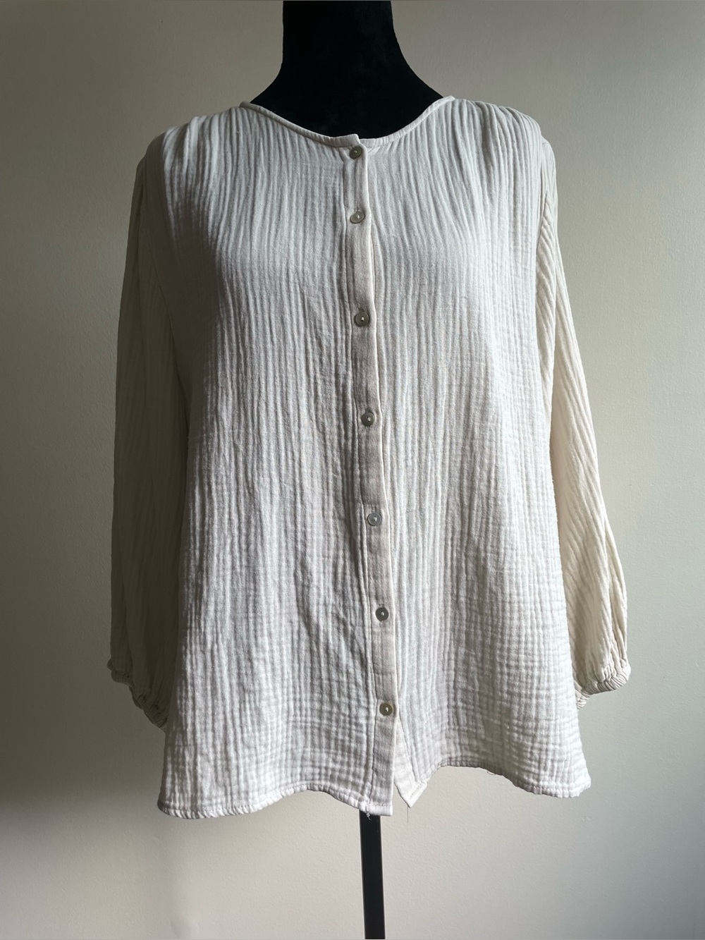 Oysho 100% Cotton Double Gauze Blouse Oatmeal Button Front Relaxed Size S